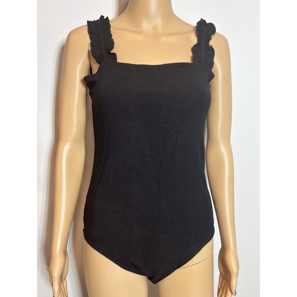 MANGOPOP Black Ruffle Square Neck Bodysuit Women Size XL Grunge Whisimgoth